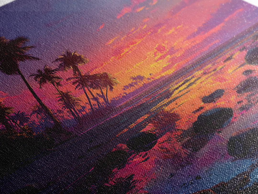 Serene Tropical Sunset With Palm Trees Reflection Over Water Vibrant Wall Art Framed Canvas Print For Coastal Home Decor