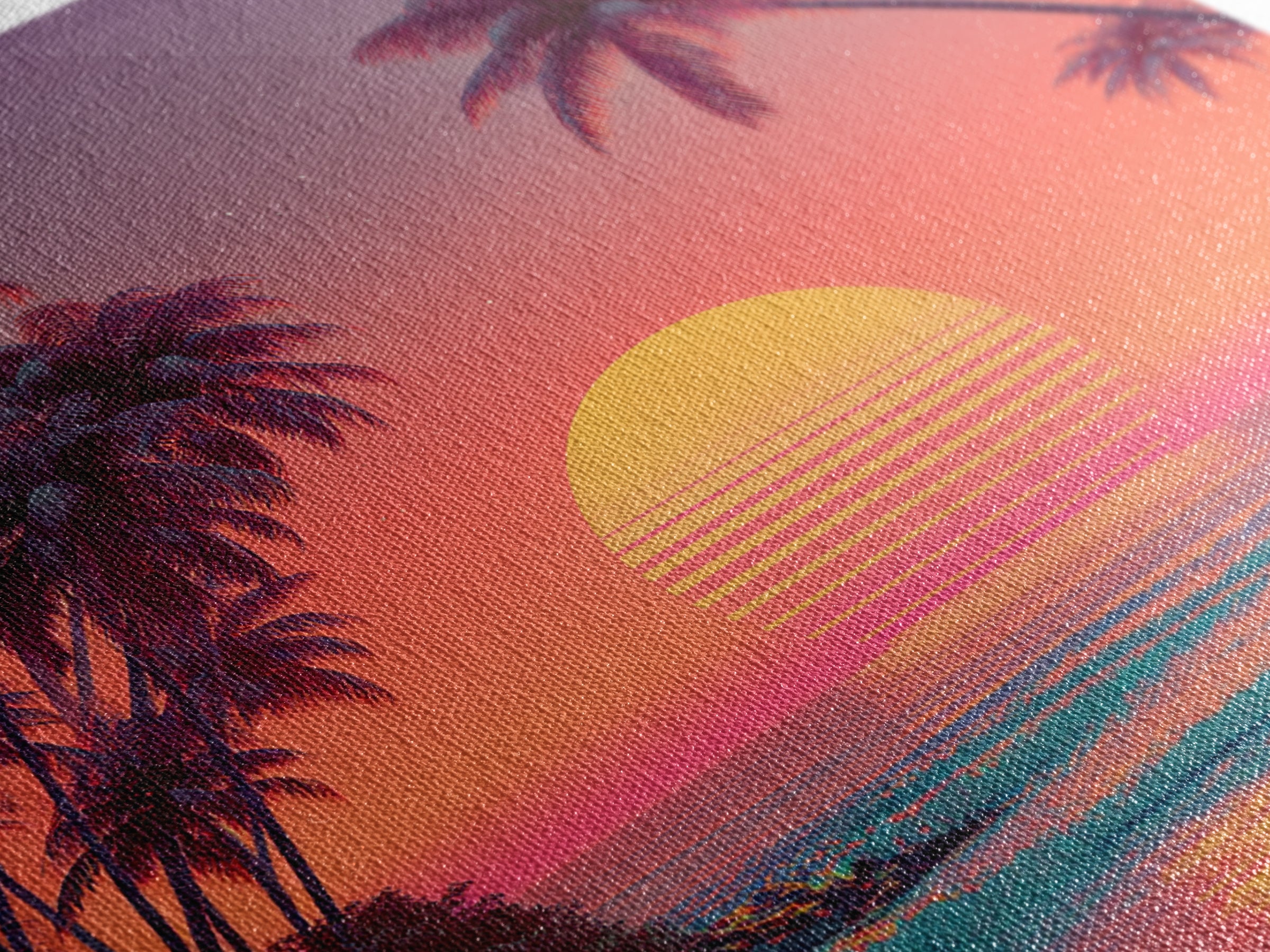 Retro Tropical Sunset Beach With Palm Trees Neon Wall Art, Colorful Coastal Canvas Print, Summer Room Decor