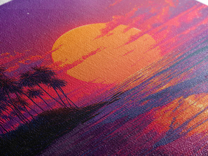 Vibrant Tropical Sunset Beach Wall Art, Palm Tree Ocean Horizon Print, Retro Coastal Summer Decor Canvas Print