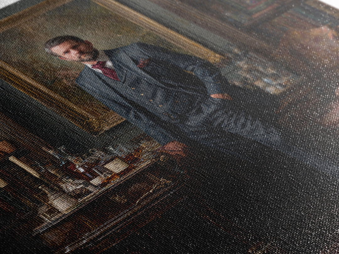 Dapper Gentleman In Antique Study Framed Canvas Print, Moody Portrait Oil Painting, Masculine Office Decor, Dark Academia Art