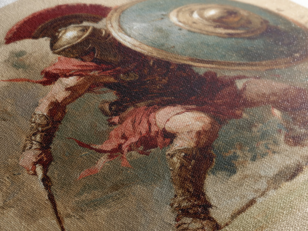 Spartan Warrior With Shield Wall Art, Red Plume Gladiator Action Painting, Bold Classical Canvas Print For Game Room Decor