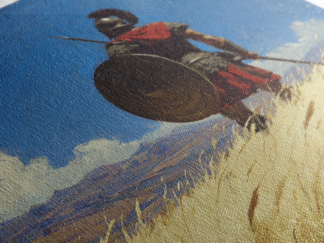 Spartan Warrior In Golden Field Framed Canvas Print, Ancient Greece Landscape, Masculine Wall Art, Western Office Decor Gift