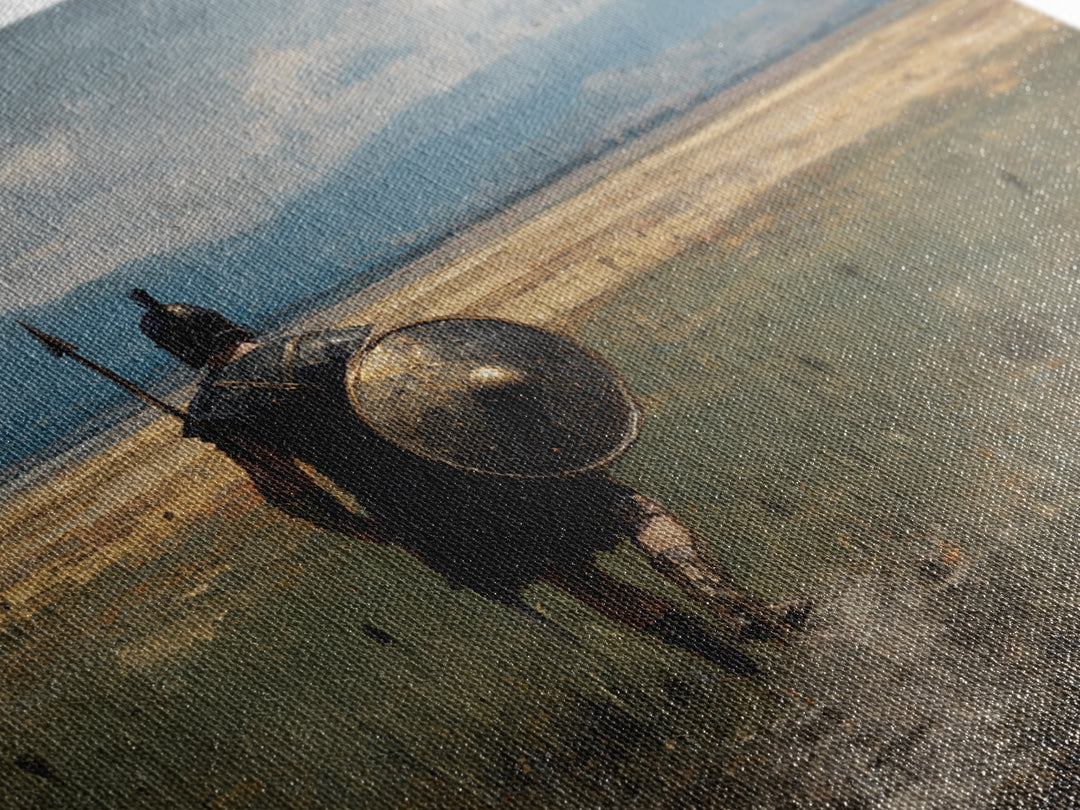 Lone Hoplite Crossing Golden Plains Wall Art, Ancient Greek Landscape Oil Painting, Historical Decor, Masculine Art Print