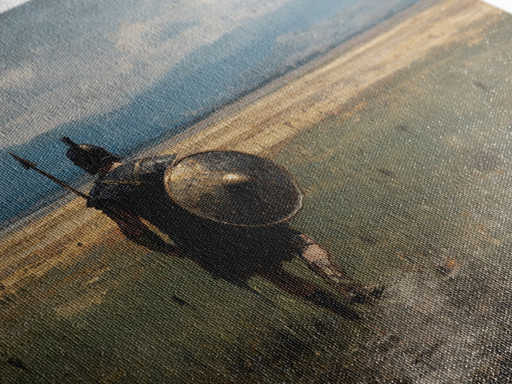 Lone Hoplite Crossing Golden Plains Wall Art, Ancient Greek Landscape Oil Painting, Historical Decor, Masculine Art Print