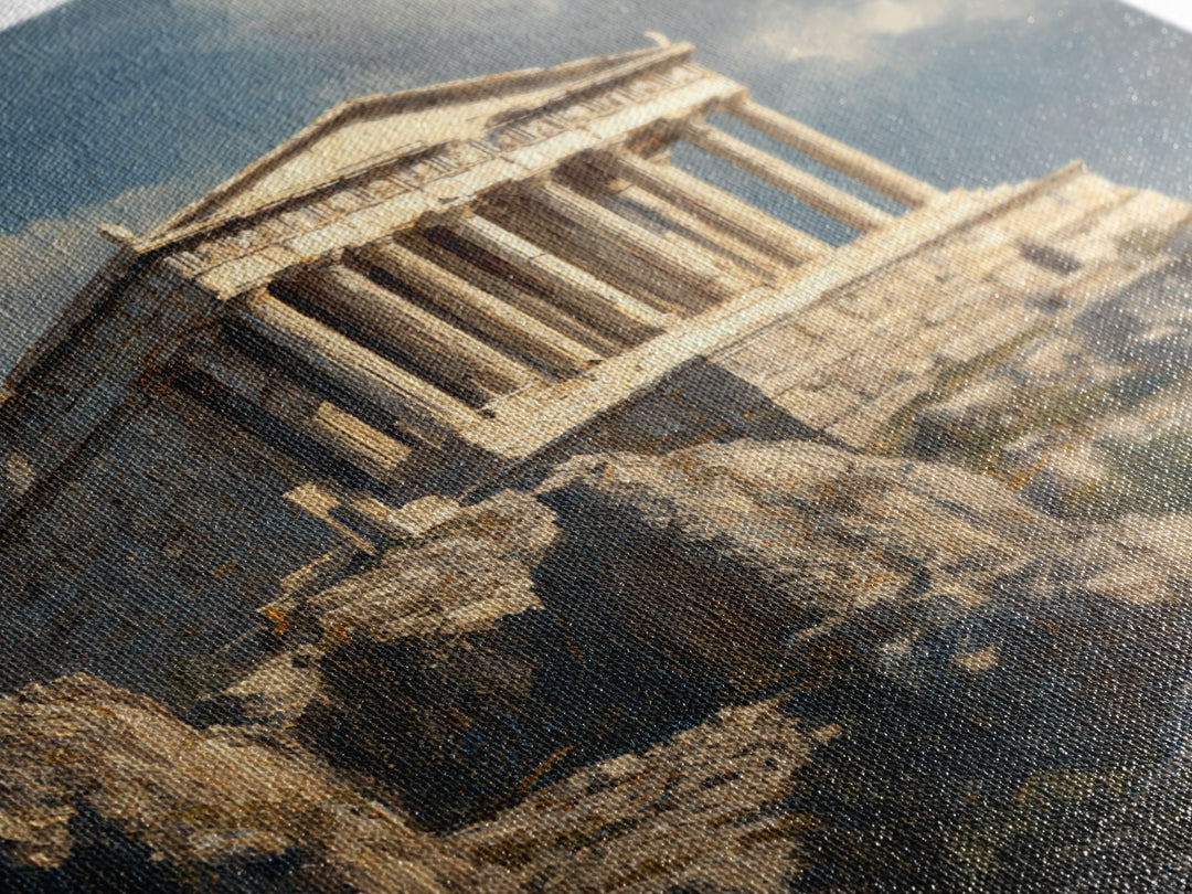 Sunlit Greek Temple On Rocky Acropolis Wall Art, Classical Architecture Oil Painting, Ancient Greece Decor, Fine Art Print