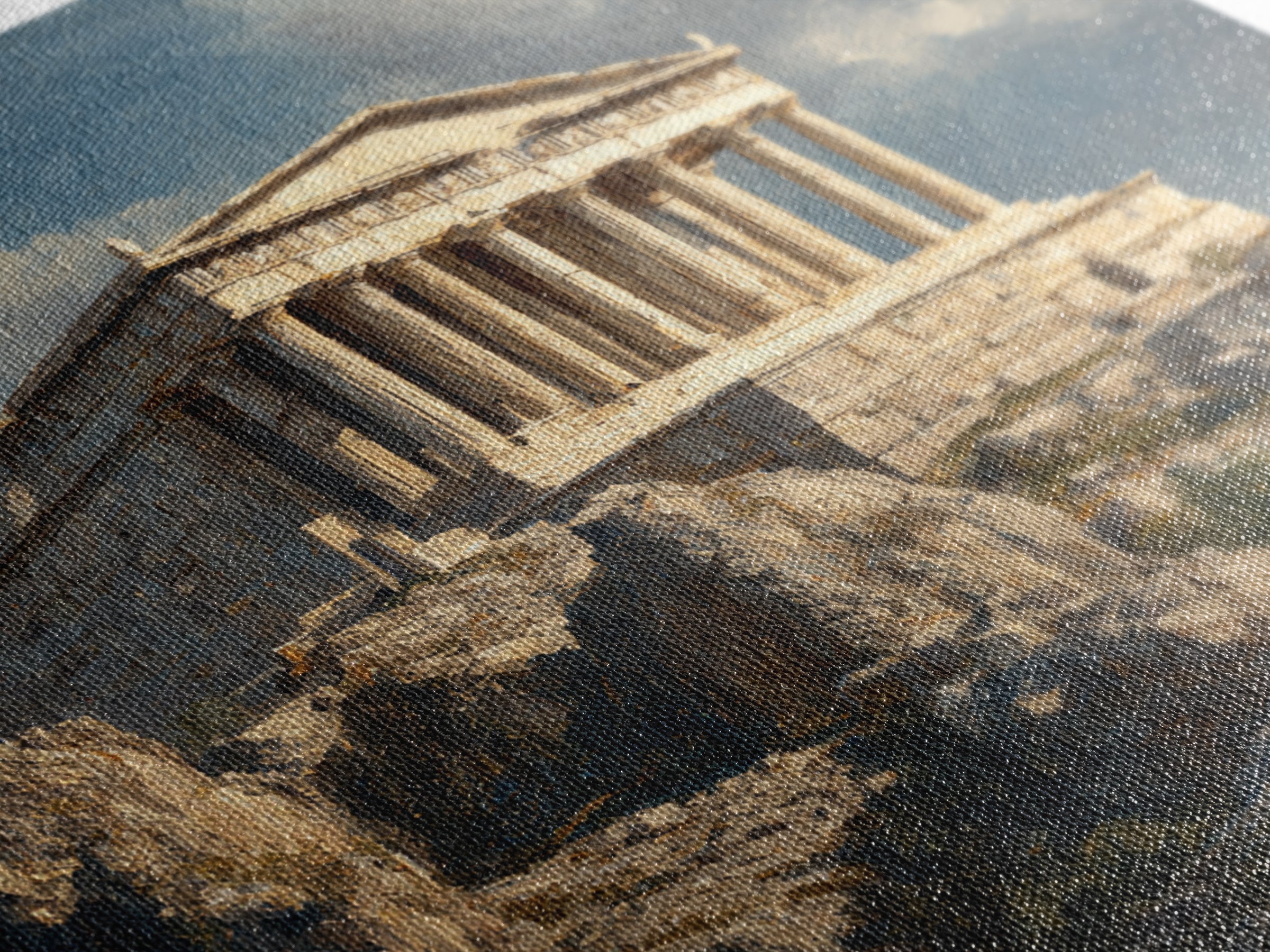 Sunlit Greek Temple On Rocky Acropolis Wall Art, Classical Architecture Oil Painting, Ancient Greece Decor, Fine Art Print