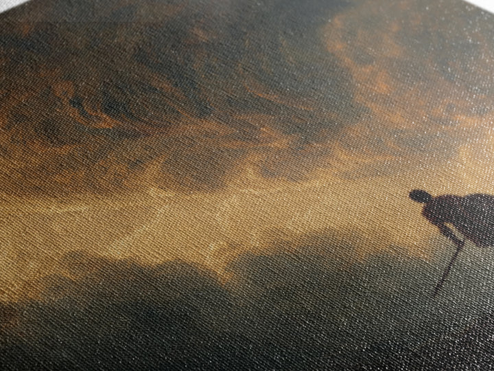 Warrior Beneath Golden Storm Clouds Canvas Print, Epic Fantasy Landscape Painting, Dramatic Wall Decor For Men, Living Room Decor