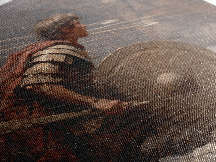 Roman Warrior Under Arrow Fire Wall Art, Snow Battle Shield Painting, Historical Canvas Print For Masculine Office Decor