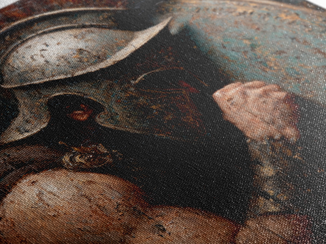 Dark Spartan Helmet And Shield Wall Art, Ancient Warrior Oil Painting, Greek Soldier Decor, Masculine Office, Gift For Him