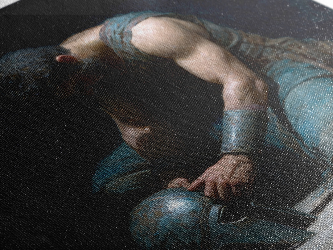 Kneeling Gladiator Holding Helmet Framed Canvas Print, Roman Warrior Oil Painting, Dark Masculine Wall Art For Office Decor
