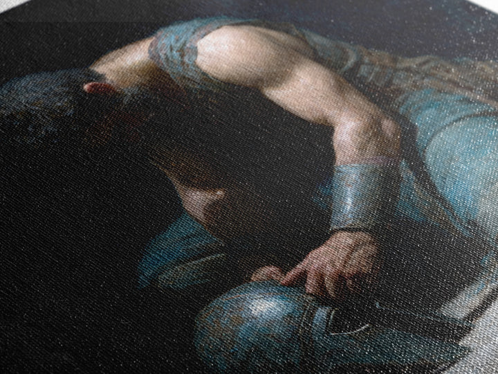 Kneeling Gladiator Holding Helmet Framed Canvas Print, Roman Warrior Oil Painting, Dark Masculine Wall Art For Office Decor