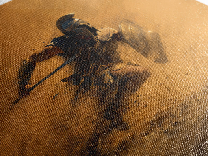 Spartan Warrior Charging Through Sandstorm Canvas Print, Greek Wall Art, Action Painting, Warm Orange Decor, Gift For Him