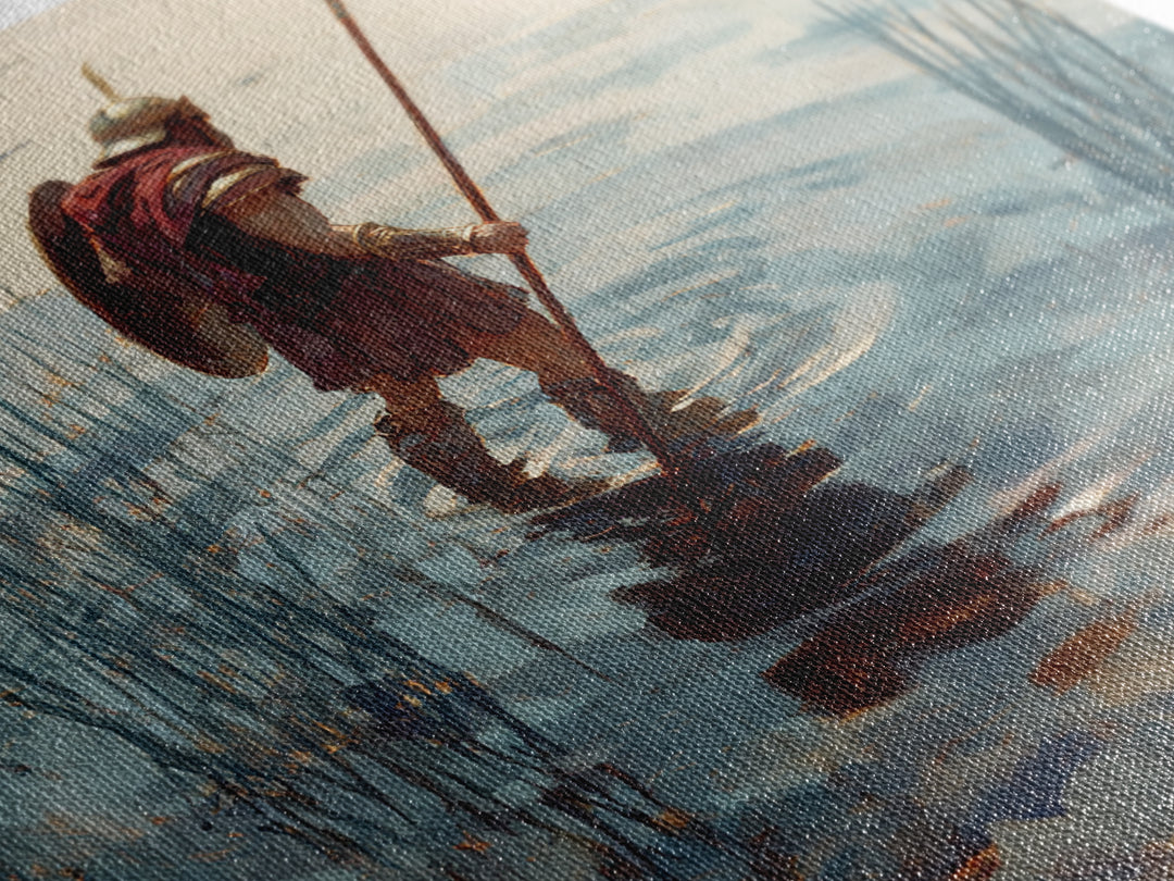 Solitary Warrior Wading Through Water Wall Art, Roman Spearman Landscape, Coastal Blue Canvas Print For Living Room Decor
