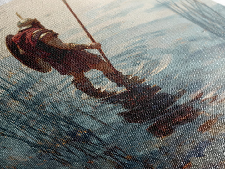 Solitary Warrior Wading Through Water Wall Art, Roman Spearman Landscape, Coastal Blue Canvas Print For Living Room Decor