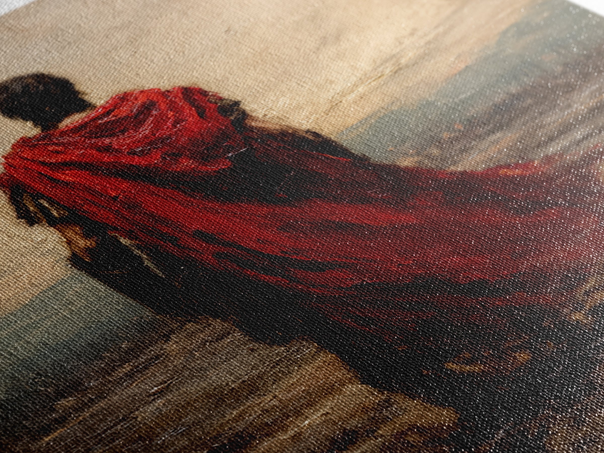 Red Cloaked Roman Warrior Framed Canvas Print, Ancient Battlefield Oil Painting, Classical Landscape Wall Art For Office