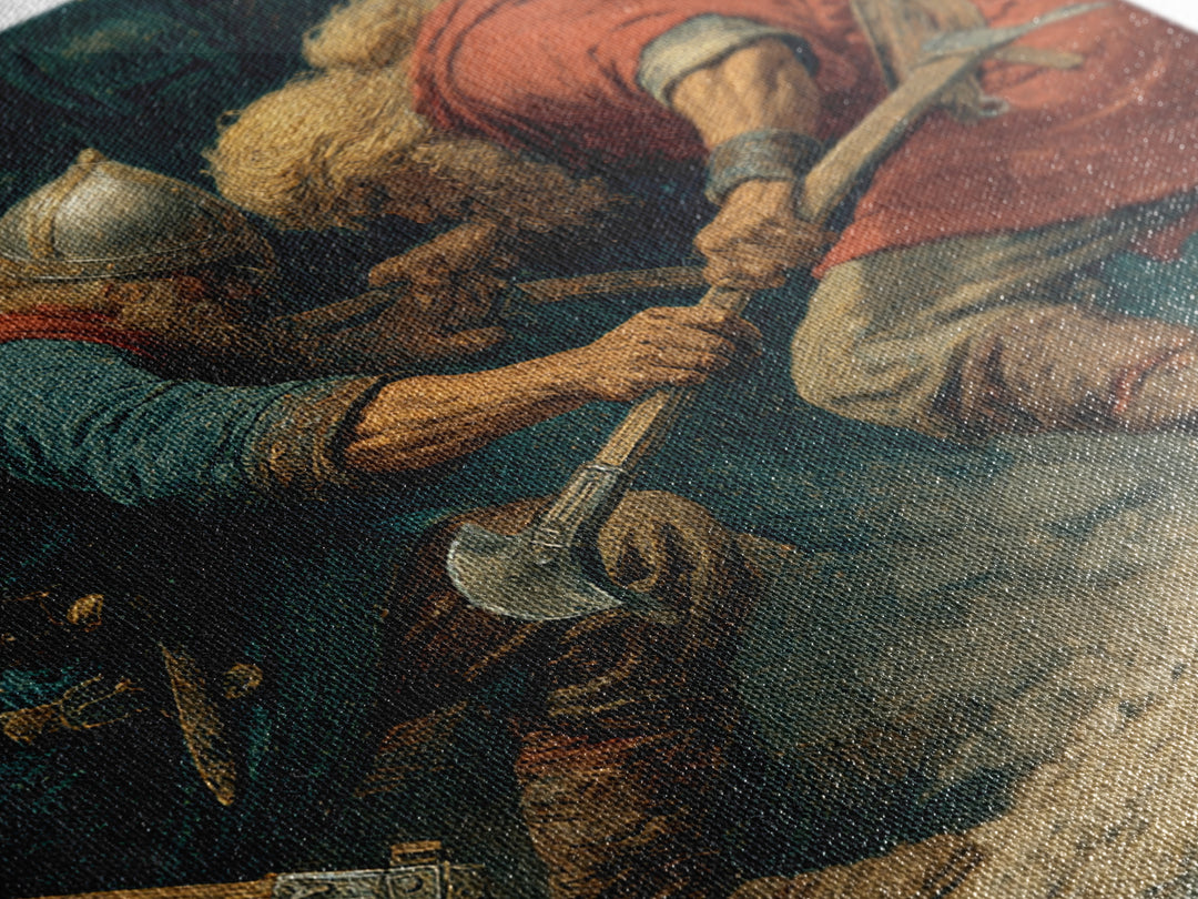 Clashing Viking Warriors With Axes Wall Art, Nordic Battle Painting, Historical Canvas Decor, Dramatic Masculine Office Art