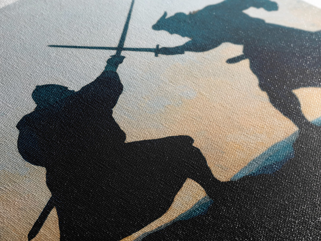 Silhouette Sword Duel At Sunset Canvas Print, Medieval Warrior Wall Decor, Viking Battle Art, Minimalist Masculine Gift For Him