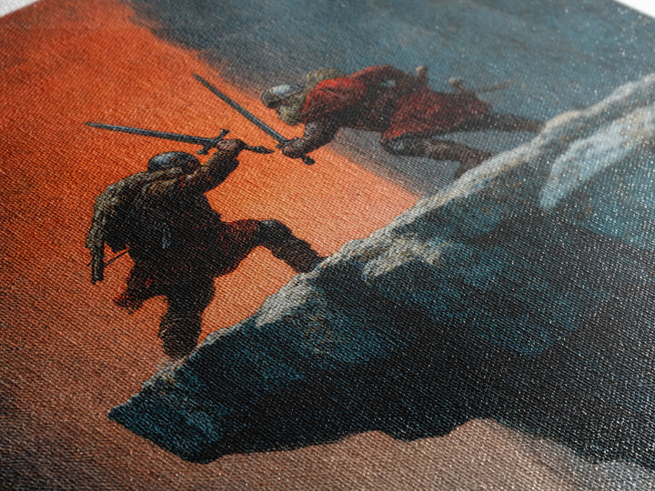Cliffside Sword Duel Wall Art, Medieval Warriors Battle At Sunset, Dark Fantasy Canvas Print For Game Room And Office Decor