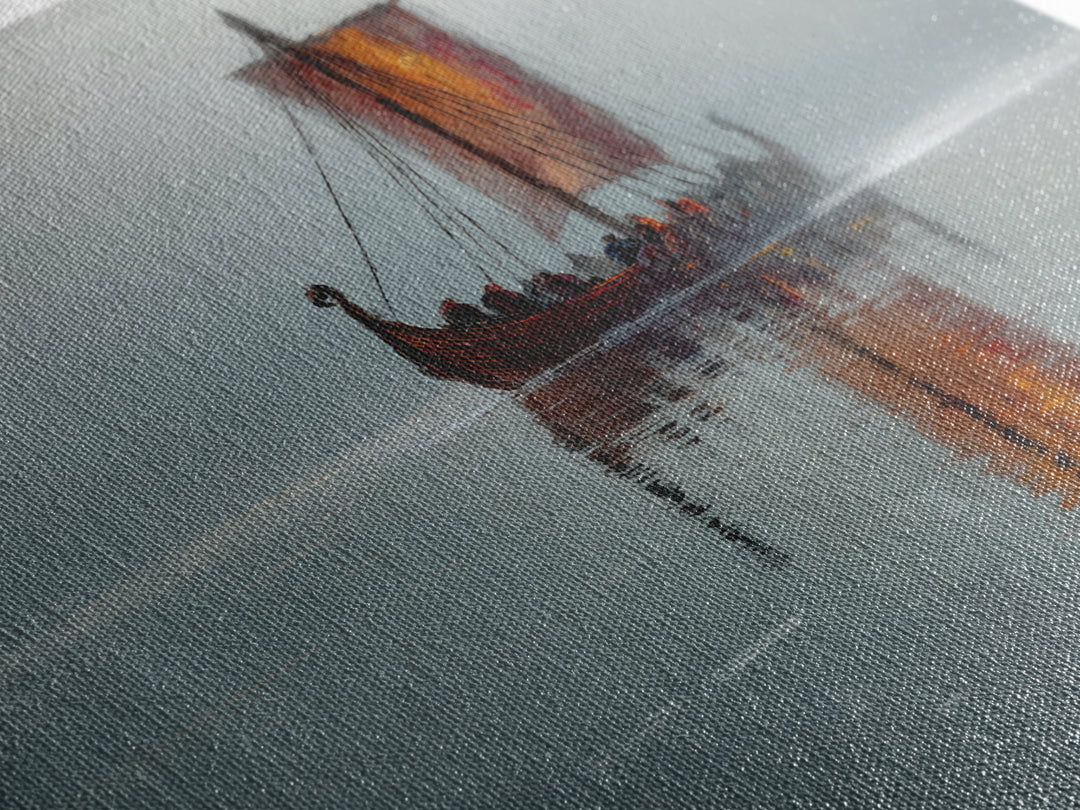 Misty Viking Longship With Red Sail Canvas Print, Nordic Seascape Oil Painting, Nautical Wall Decor, Scandinavian Art, Home Decor