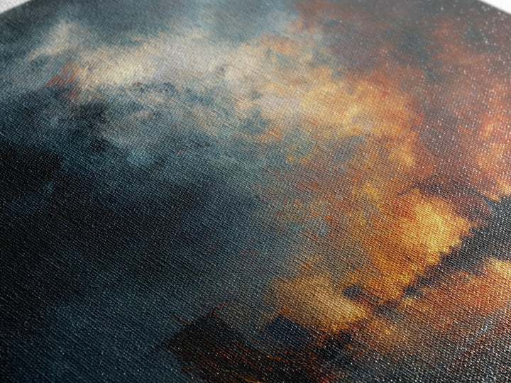 Burning Harbor Ships At Night Wall Art, Moody Seascape Painting, Dramatic Ocean Canvas Art, Dark Coastal Living Room Decor