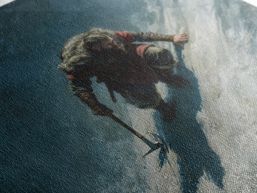 Lone Viking Climbing Icy Mountain Wall Art, Nordic Warrior Oil Painting, Dark Adventure Landscape Office Decor Gift For Him
