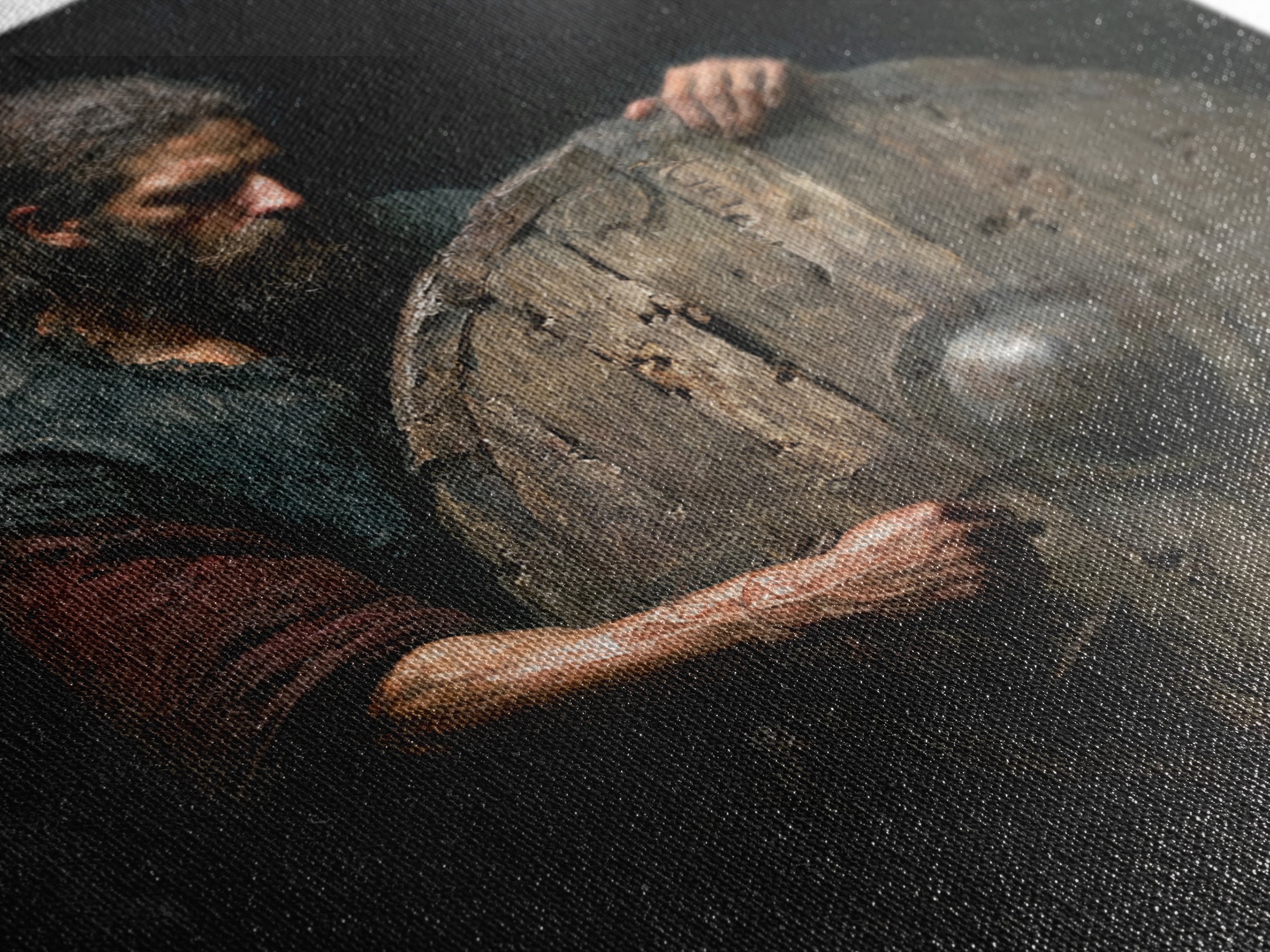 Bearded Warrior Holding Weathered Wooden Shield Canvas Print, Rustic Wall Art, Viking Art, Dark Academia Decor, Gift For Him