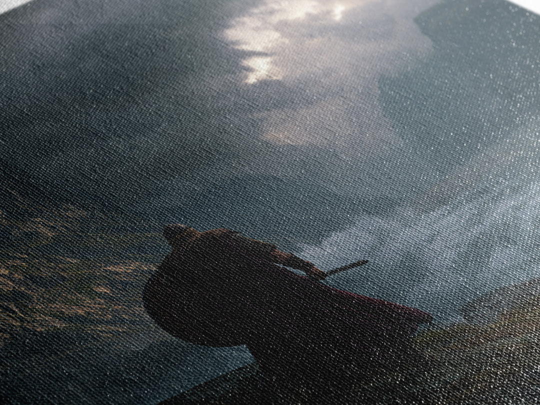 Viking Warrior Over Stormy Fjord Wall Art, Nordic Landscape Canvas Print, Moody Seascape, Nautical Decor, Gift For Him, Coastal Wall Art