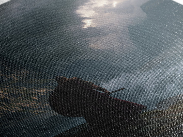 Viking Warrior Over Stormy Fjord Wall Art, Nordic Landscape Canvas Print, Moody Seascape, Nautical Decor, Gift For Him, Coastal Wall Art