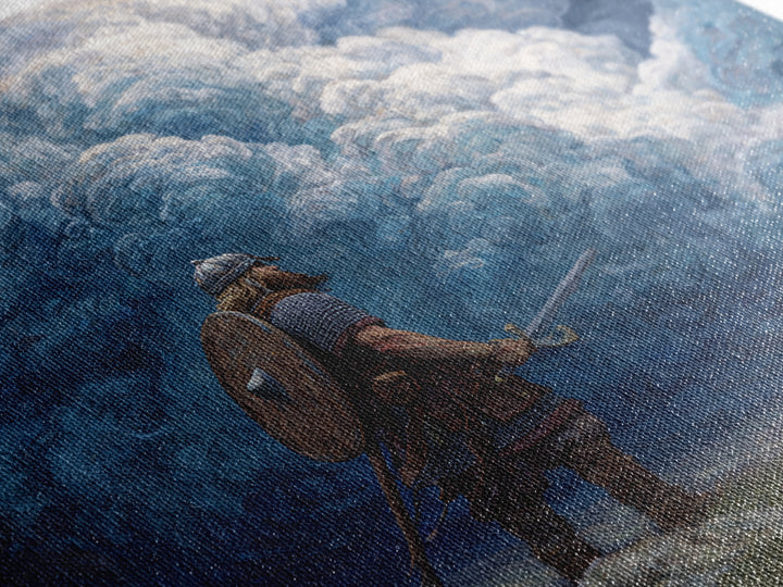 Viking Warrior Beneath Storm Clouds Wall Art, Nordic Fantasy Landscape, Dramatic Blue Canvas Print, Masculine Rustic Decor