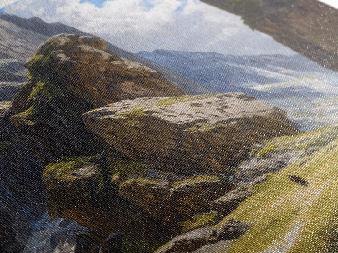 Majestic Alpine Canyon With Lone Traveler Wall Art, Mountain Landscape Painting, Nature Canvas Decor, Large Living Room Art