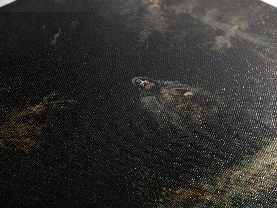 Hooded Wanderer In Dark Forest Wall Art, Raven Gothic Landscape Painting, Moody Fantasy Canvas Print For Dark Academia Decor