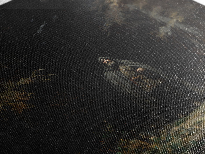 Hooded Wanderer In Dark Forest Wall Art, Raven Gothic Landscape Painting, Moody Fantasy Canvas Print For Dark Academia Decor