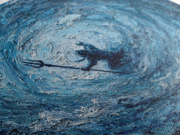 Poseidon In Blue Ocean Vortex Wall Art, Textured Impasto Canvas Print, Mythology Decor, Coastal Abstract Seascape Painting