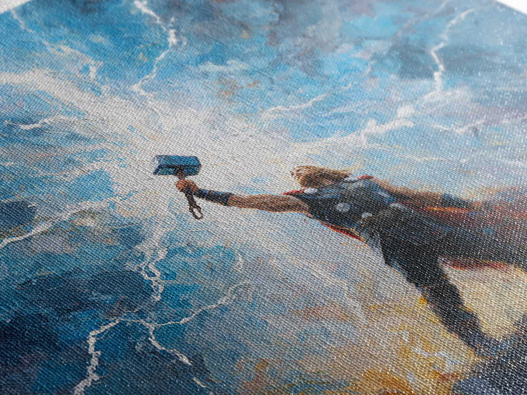 Thunder God Raising Hammer Wall Art, Norse Mythology Canvas Print, Lightning Storm Oil Painting, Viking Decor Gift For Him