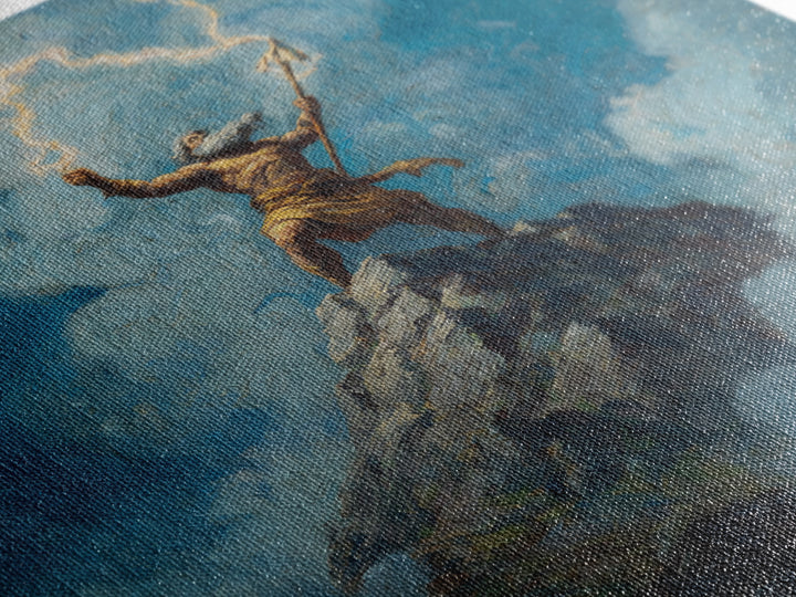 Thunder God Raising Lightning On Mountain Peak Wall Art, Mythological Art Print, Fantasy Art, Dramatic Office Decor, Gift