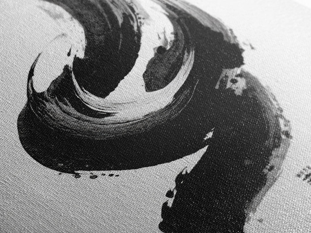 Minimalist Black And White Ink Brush Wall Art, Modern Japanese Calligraphy Style Framed Canvas Print For Neutral Decor
