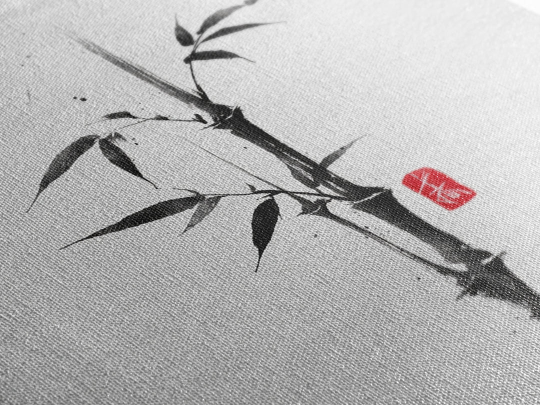 Minimalist Ink Bamboo Brush Painting Wall Art, Japanese Zen Calligraphy Framed Canvas Print For Calm Modern Decor
