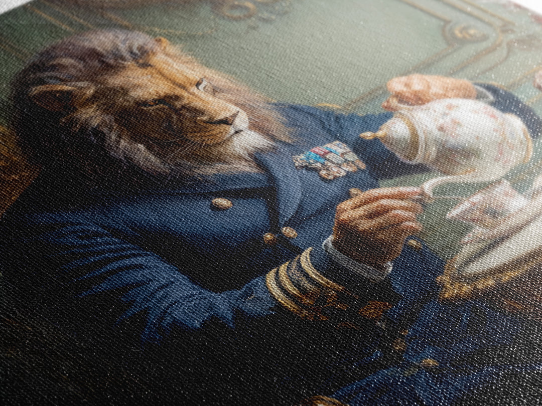 Lion Admiral Pouring Tea Wall Art, Whimsical Animal Portrait, Royal Navy Home Decor, Maximalist Canvas, Unique Gift For Him