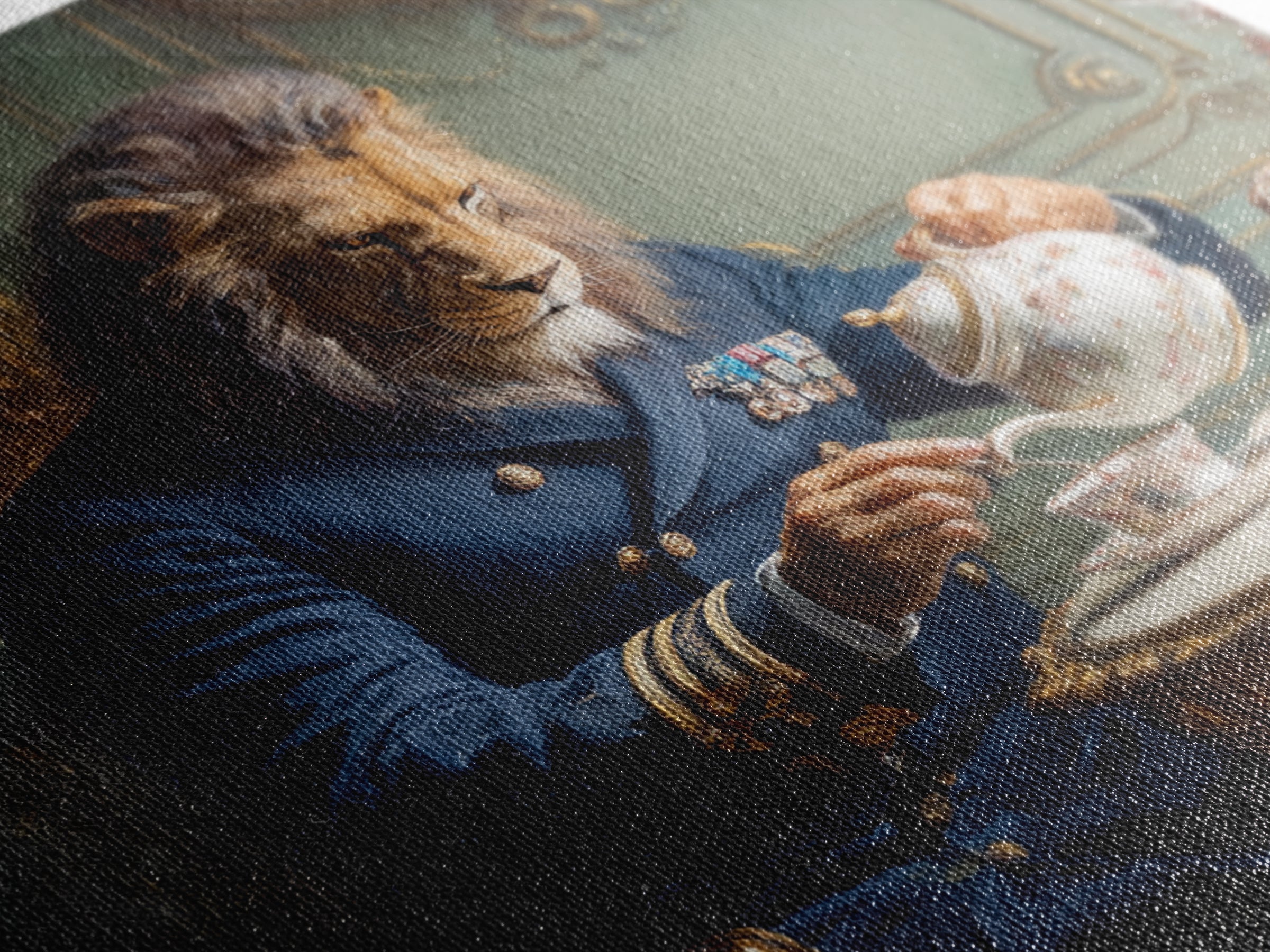 Lion Admiral Pouring Tea Wall Art, Whimsical Animal Portrait, Royal Navy Home Decor, Maximalist Canvas, Unique Gift For Him