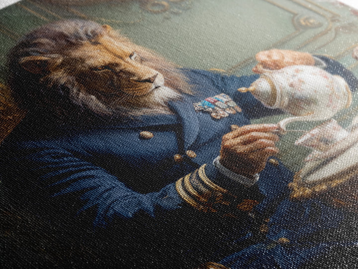 Lion Admiral Pouring Tea Wall Art, Whimsical Animal Portrait, Royal Navy Home Decor, Maximalist Canvas, Unique Gift For Him