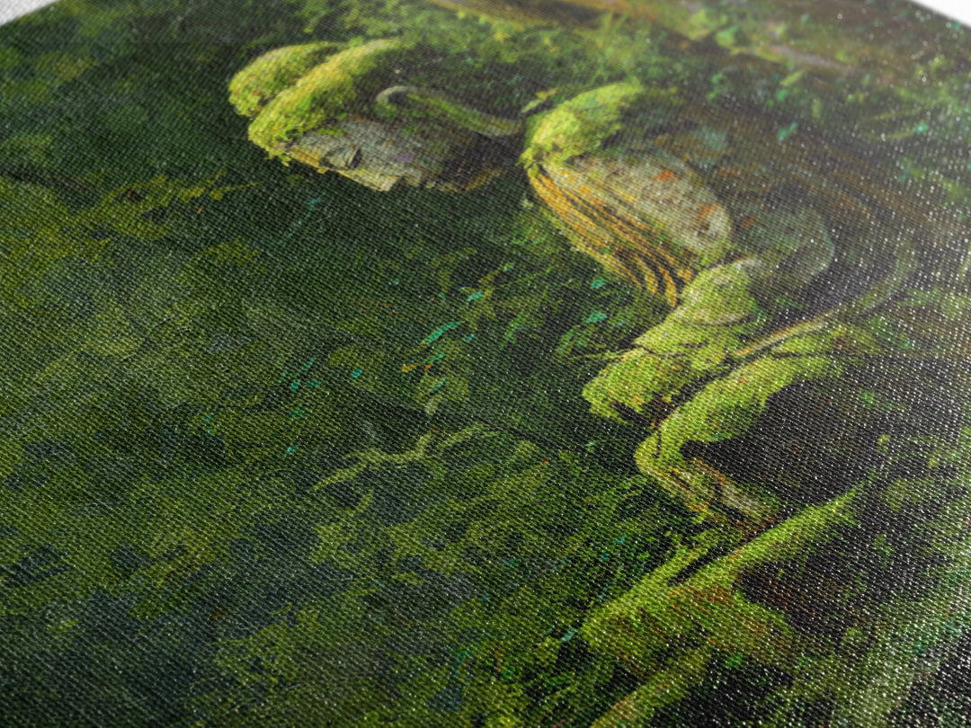 Serene Green Moss Covered Buddha Statue Wall Art Oil Painting Canvas Print For Peaceful Zen Home Decor And Meditation Room Wall