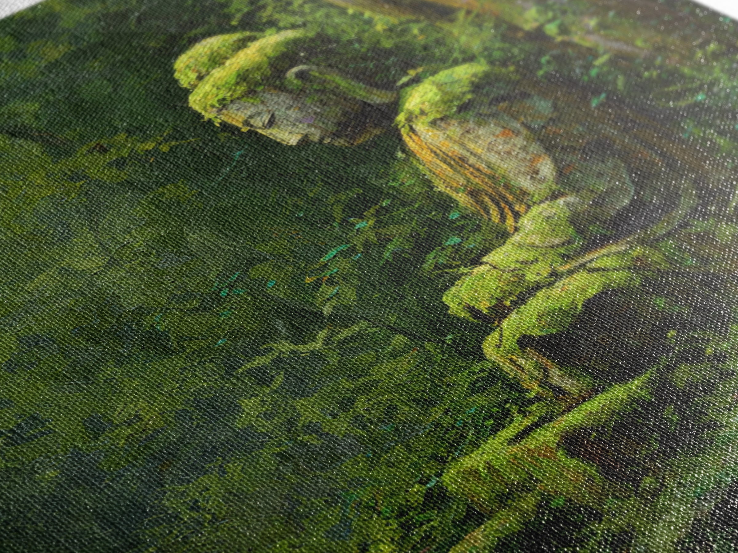 Serene Green Moss Covered Buddha Statue Wall Art Oil Painting Canvas Print For Peaceful Zen Home Decor And Meditation Room Wall
