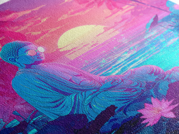 Neon Buddha Meditating By Futuristic Ocean Sunset Wall Art, Psychedelic Zen Lotus Canvas Print