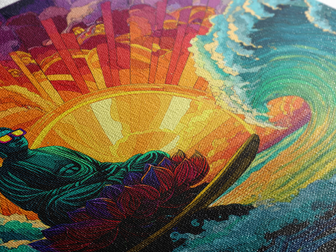 Psychedelic Surfing Buddha In Neon Sunset Waves Wall Art, Trippy Spiritual Canvas Print, Modern Boho Home Decor