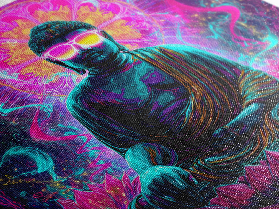 Neon Psychedelic Buddha Sitting On Lotus Flower Spiritual Wall Art Canvas Print Bright Vibrant Home Decor