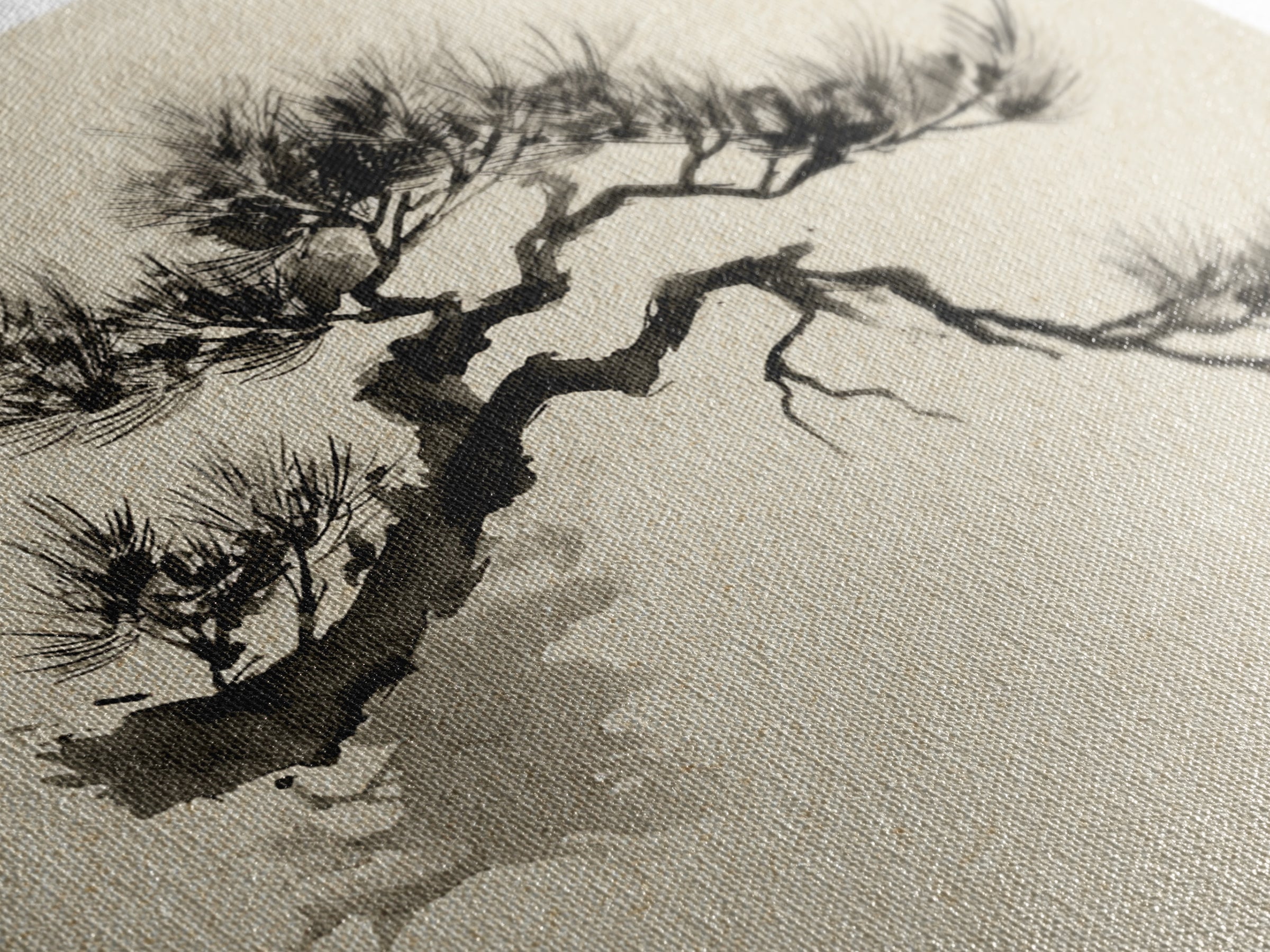 Japanese Ink Pine Tree Wall Art, Minimal Sumi E Landscape Framed Canvas Print, Wabi Sabi Zen Decor For Calm Modern Home Or Office