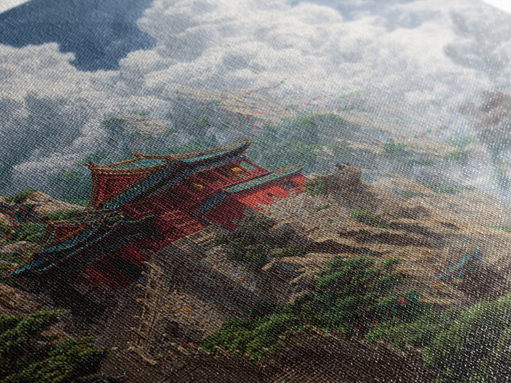 Temple Above The Clouds Fantasy Mountain Landscape Wall Art, Asian Inspired Nature Home Decor, Large Canvas Print