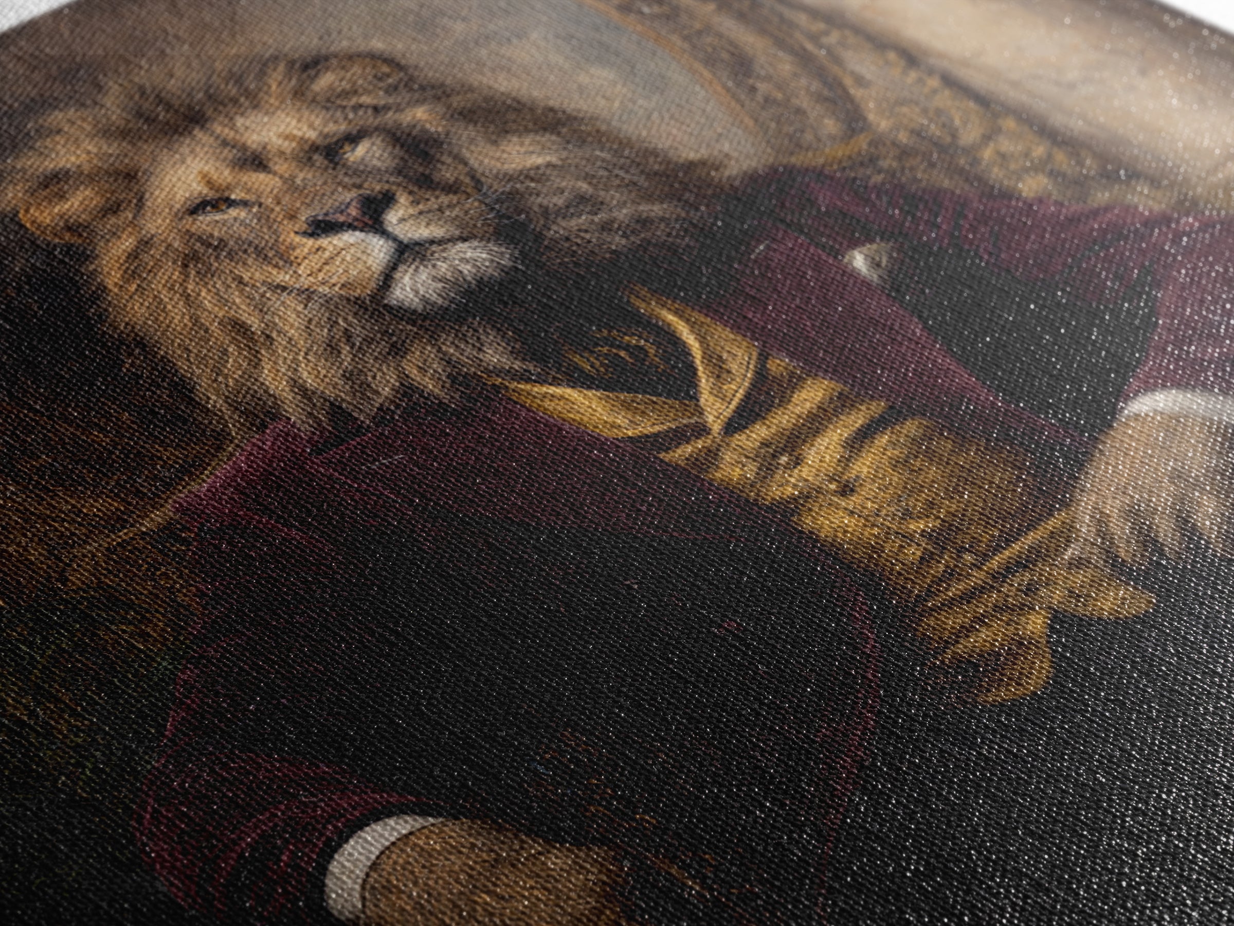 Majestic Lion In Burgundy Suit Framed Canvas Print, Victorian Animal Portrait, Dark Academia Office Decor, Luxury Wall Decor