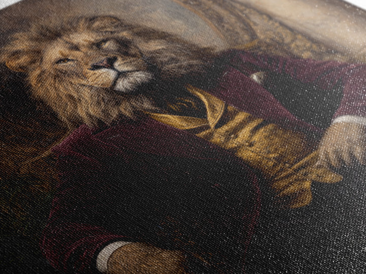 Majestic Lion In Burgundy Suit Framed Canvas Print, Victorian Animal Portrait, Dark Academia Office Decor, Luxury Wall Decor