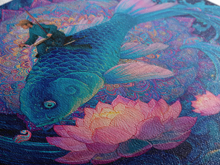 Surreal Fisherman Riding Koi Fantasy Art Wall Art, Celestial Mandala Canvas Print, Mystical Ocean Decor Whimsical Illustration